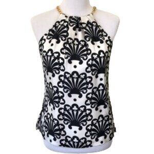 Milly 100% Silk Black White Medallion Scarf Print Halter Top Gold Chain Accent 2